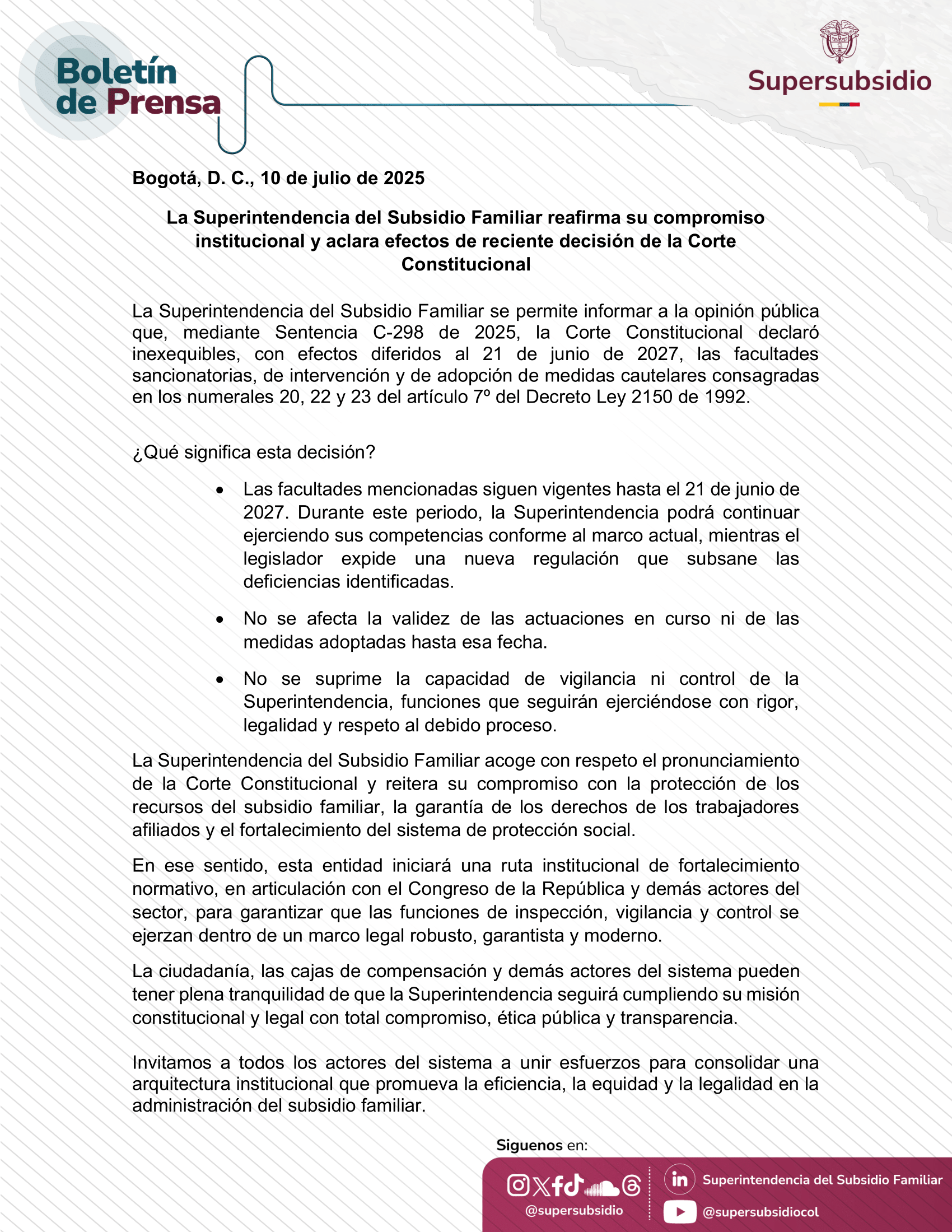 La Superintendencia del Subsidio Familiar informa que sus funciones sancionatorias y de control siguen vigentes hasta el 21 de junio de 2027